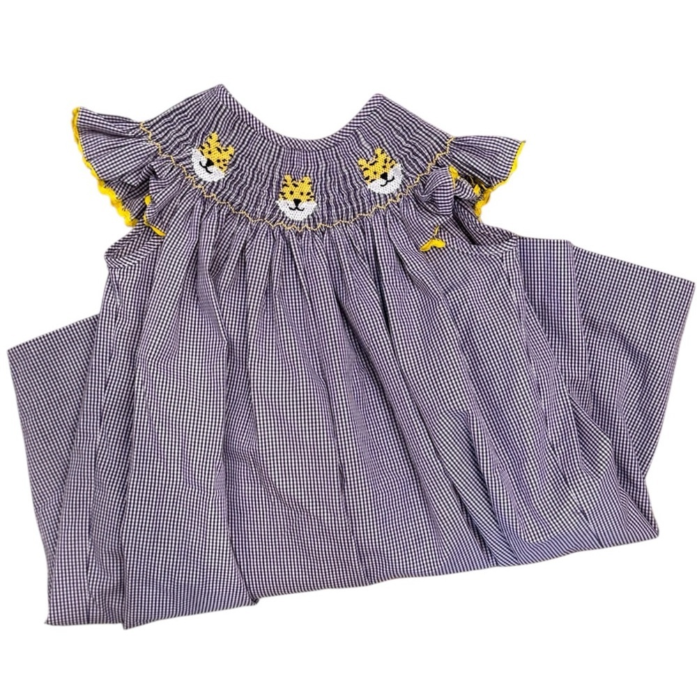 L1. Stitchy Fish LSU Tigers Gingham Smocked Ruffle Dress Purple Football